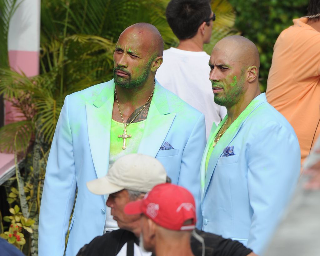 MIAMI, FL - APRIL 14: (L) Dwayne Johnson and his stuntman sighting on the set of "Pain And Gain" on April 14, 2012 in Miami, Florida. (Photo by Larry Marano/Getty Images)