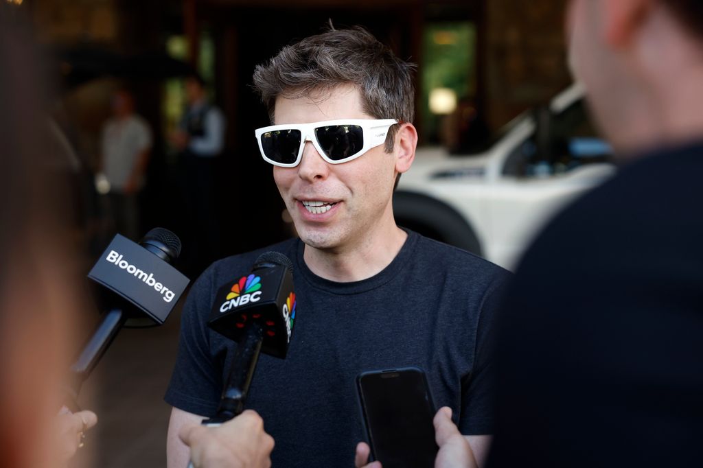 CEO of OpenAI Sam Altman speaks to members of the media as he arrives at the Sun Valley lodge for the Allen & Company Sun Valley Conference