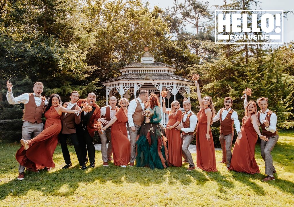 Carrie Hope Fletcher kisses her husband Joel surrounded by their bridesmaids and groomsmen