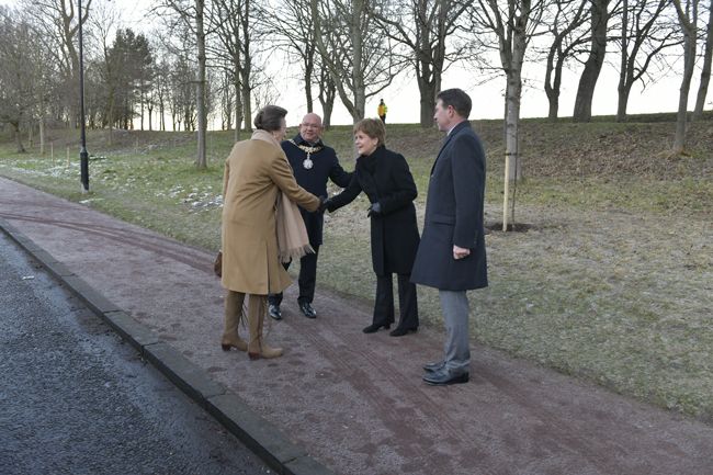 Princess Anne in Scotland shaking hands with Nicola Sturgeon