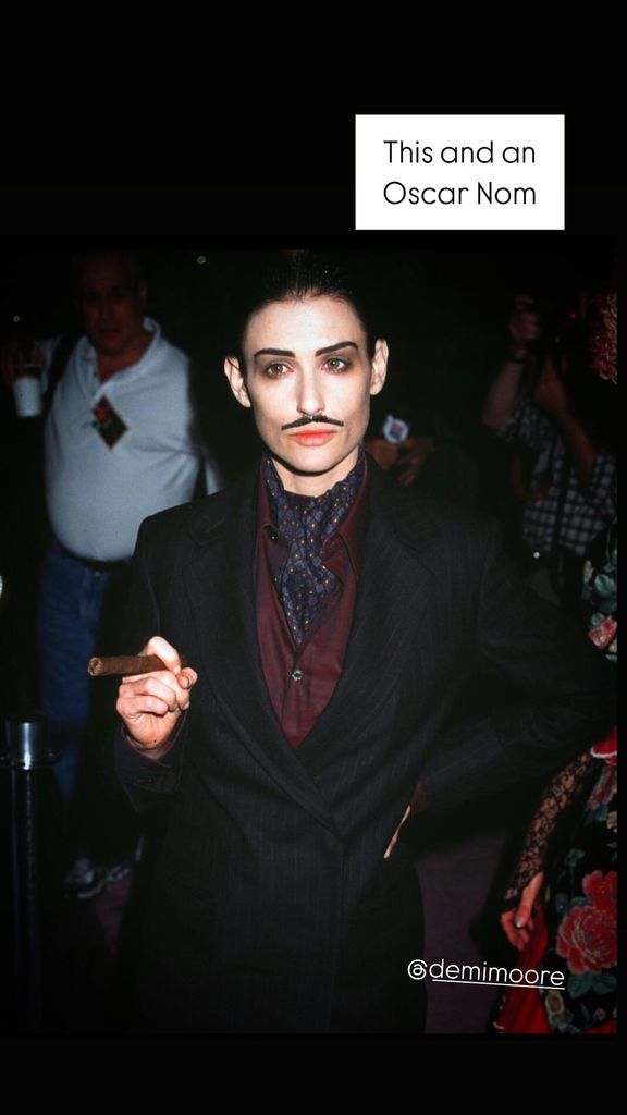 Screengrab of Scout Willis' Stories showing Demi Moore in 1997 at a Halloween Party dresed as Gomez Addams