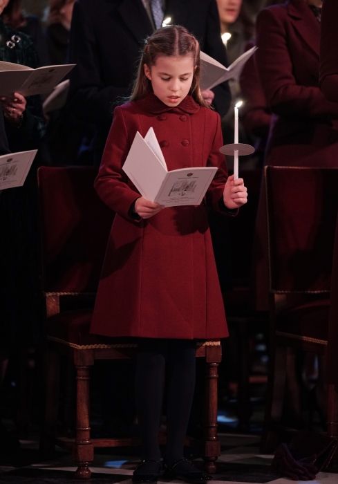 princess charlotte singing in burgundy coat