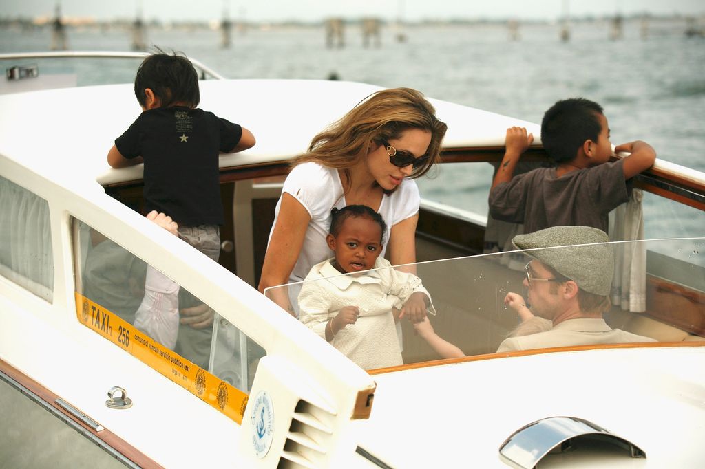 Angelina Jolie, Brad Pitt and their children leaving the Cipriani Hotel of Venice by boat on their way to the Venice airport on September 3, 2007 in Venice