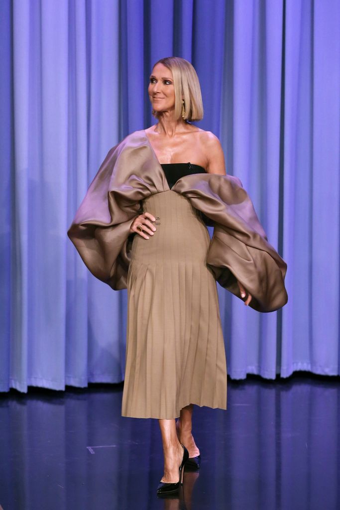  Singer Celine Dion on The Tonight Show Starring Jimmy Fallon in brown dress with off the shoulder oversized detailing