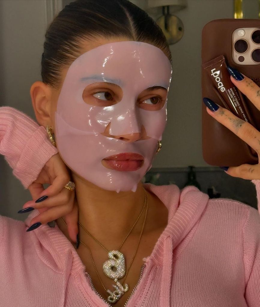 hailey bieber pink face mask