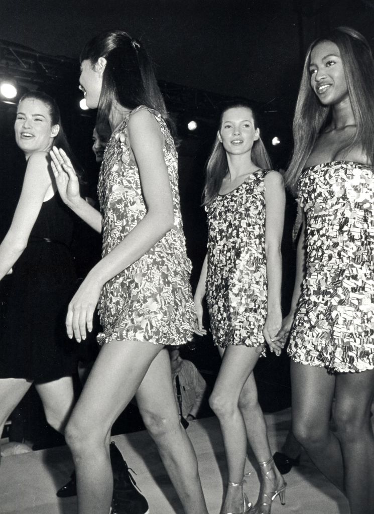 Christy Turlington, model, Kate Moss and Naomi Campbell in 1993 in matching mini sequin dresses