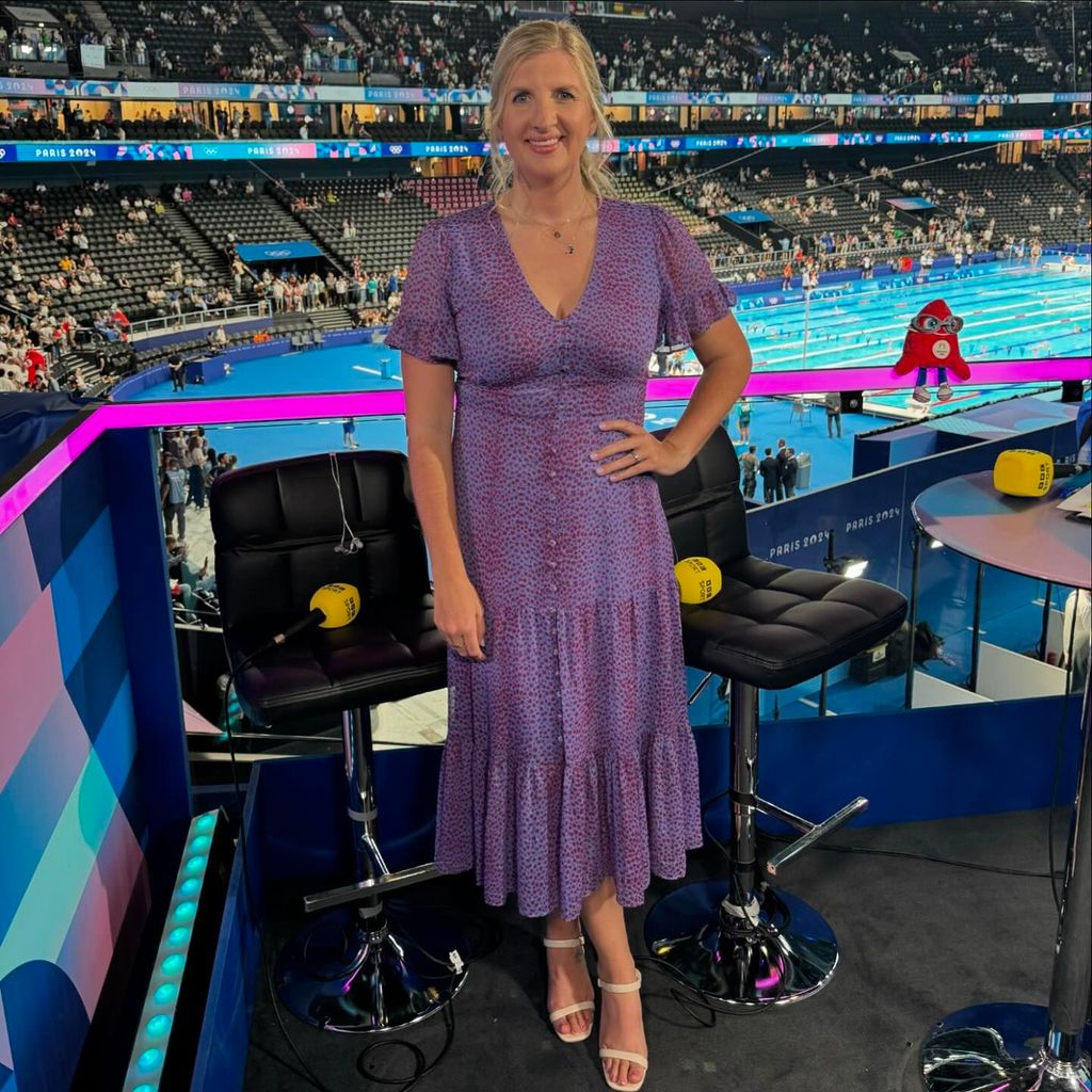 Rebecca Adlington wearing a leopard print dress at the Olympics from Whistles