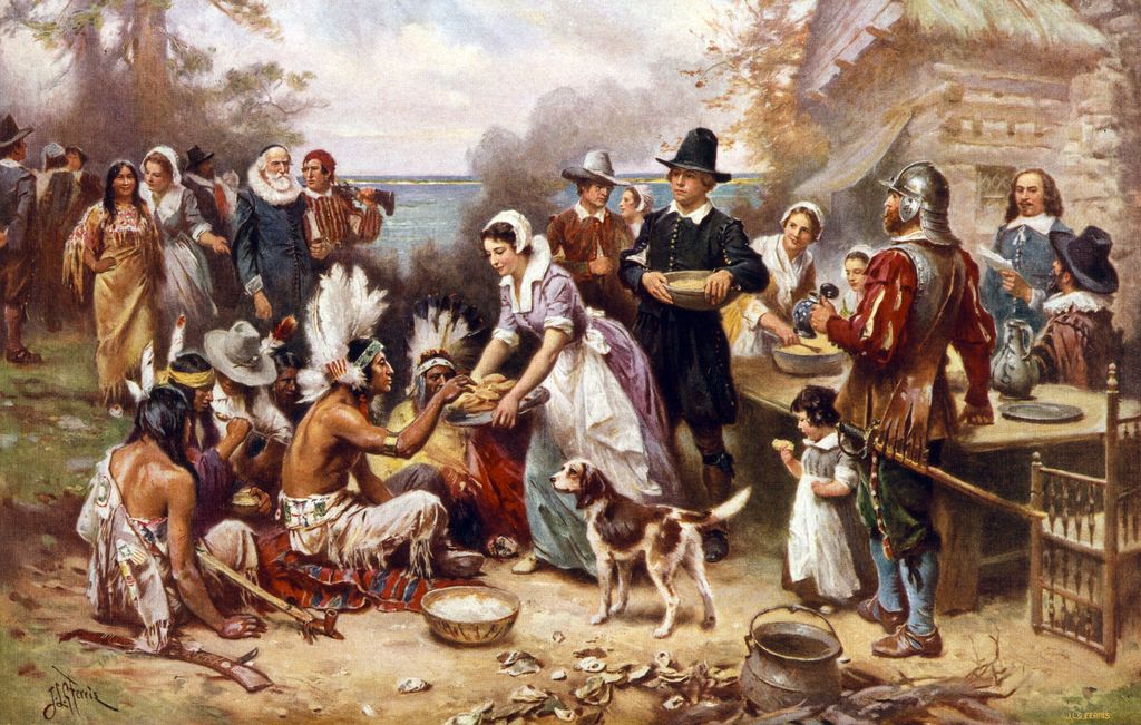 The First Thanksgiving in 1621, after a painting by Jean Leon Gerome; screen print, 1932.
