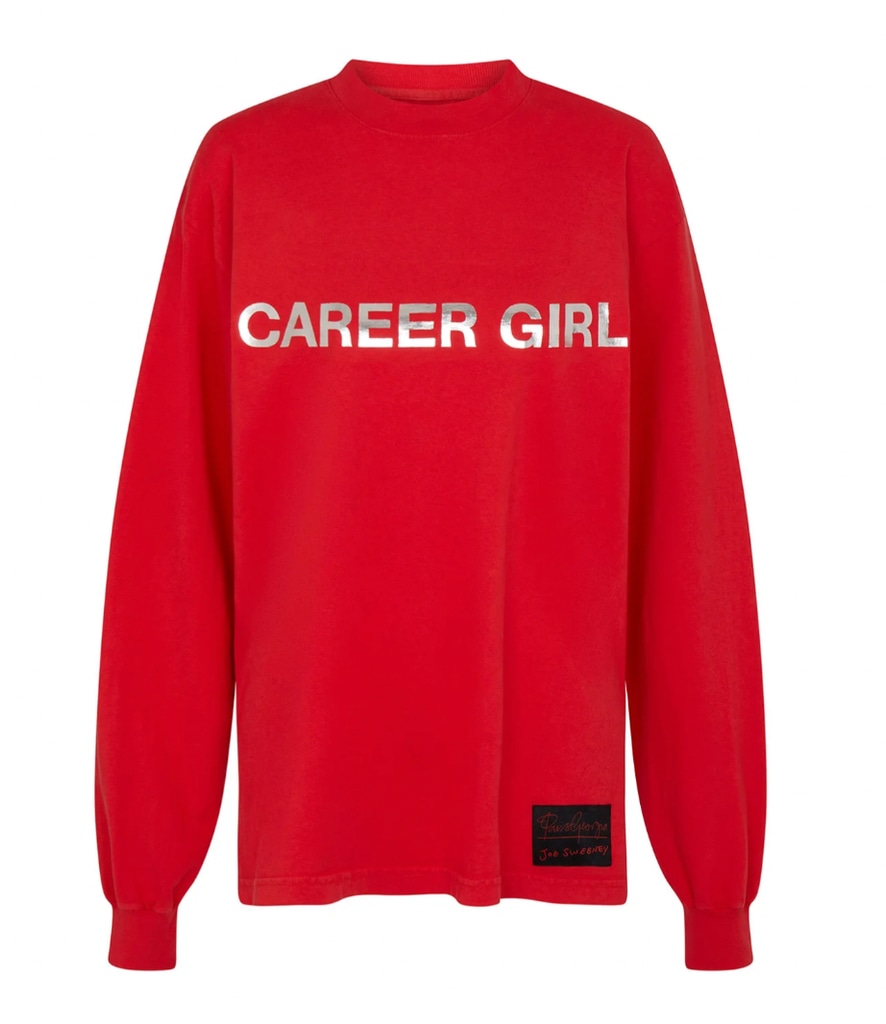 red top saying career girl in silver