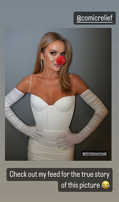 amanda holden instagram in white mini dress and red nose