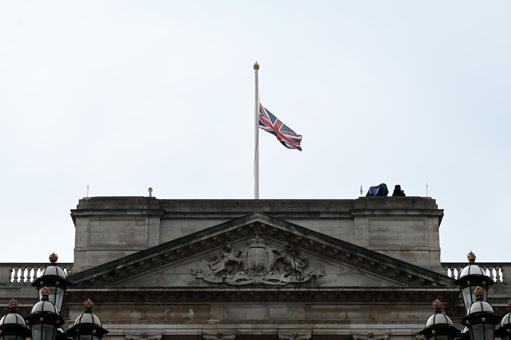 A Union flag flying half-mast at Buckingham Palace