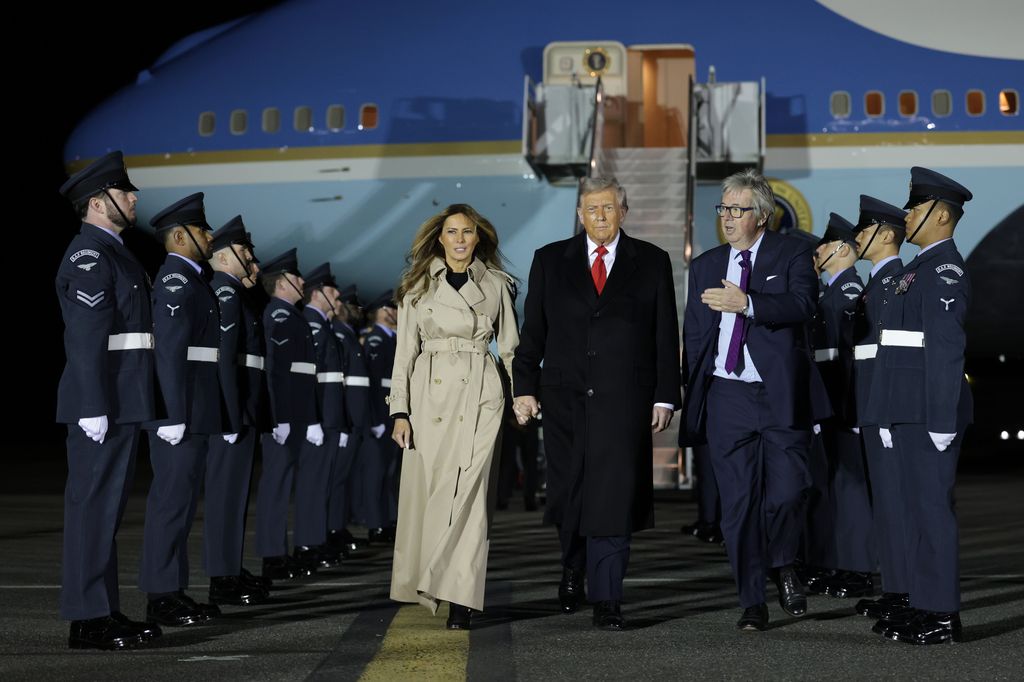 Donald Trump and First Lady Melania Trump disembark Air Force One after arriving at London Stansted Airport for a state visit on September 16, 2025 in Stansted, Essex. President Trump is in England from Sept. 16-18 on his second UK state visit, with the previous one taking place in 2019 during his first presidential term