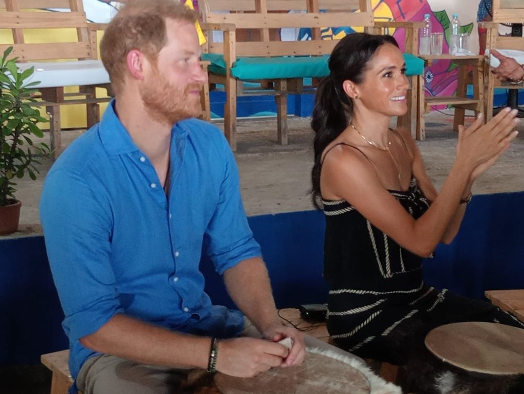 Harry and Meghan at Escuela Taller Tambores de Cabildo de la Boquilla, a school in Cartagena