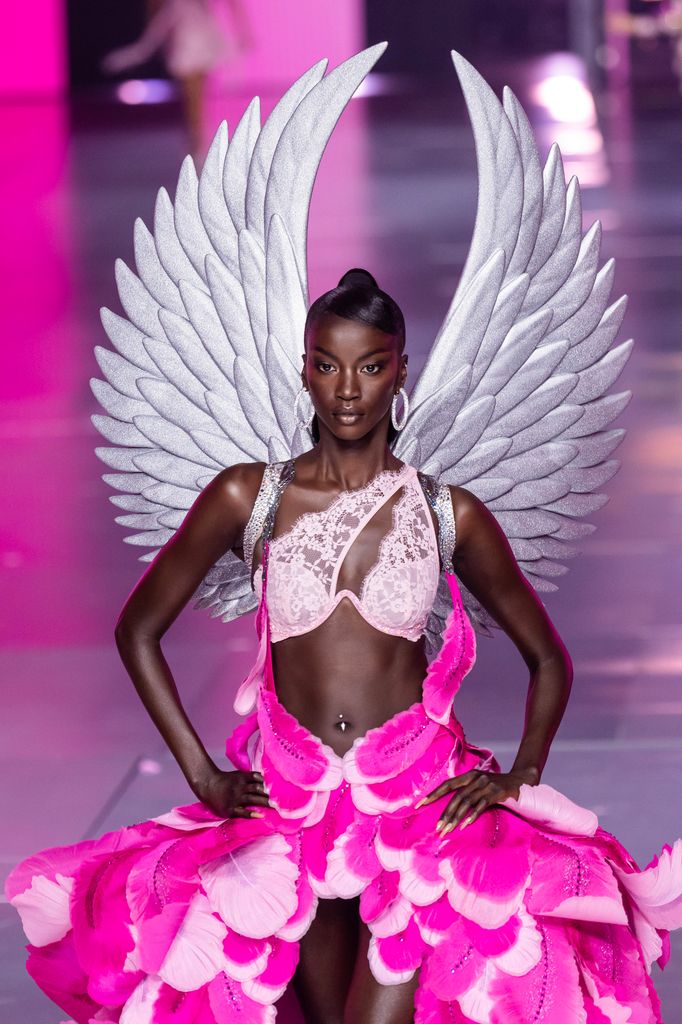 Anok Yai walks the runway during the Victoria's Secret Fashion Show 2024 at Duggal Greenhouse on October 15, 2024 in Brooklyn, New York