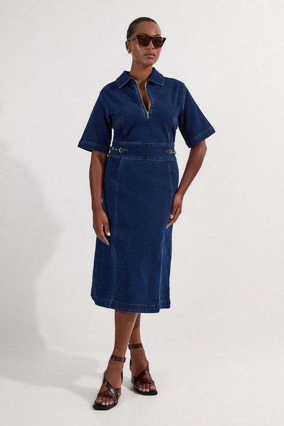 Stretch Denim Snaffle Trim Collared Midi Dress