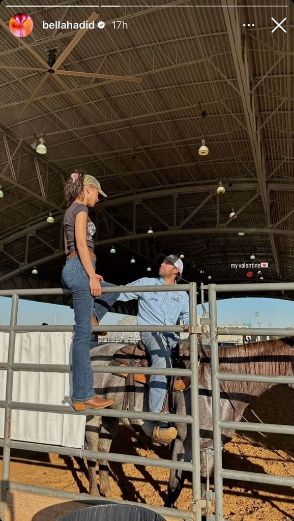 instagram photo of bella hadid on a railing and boyfriend adán bañuel on horseback