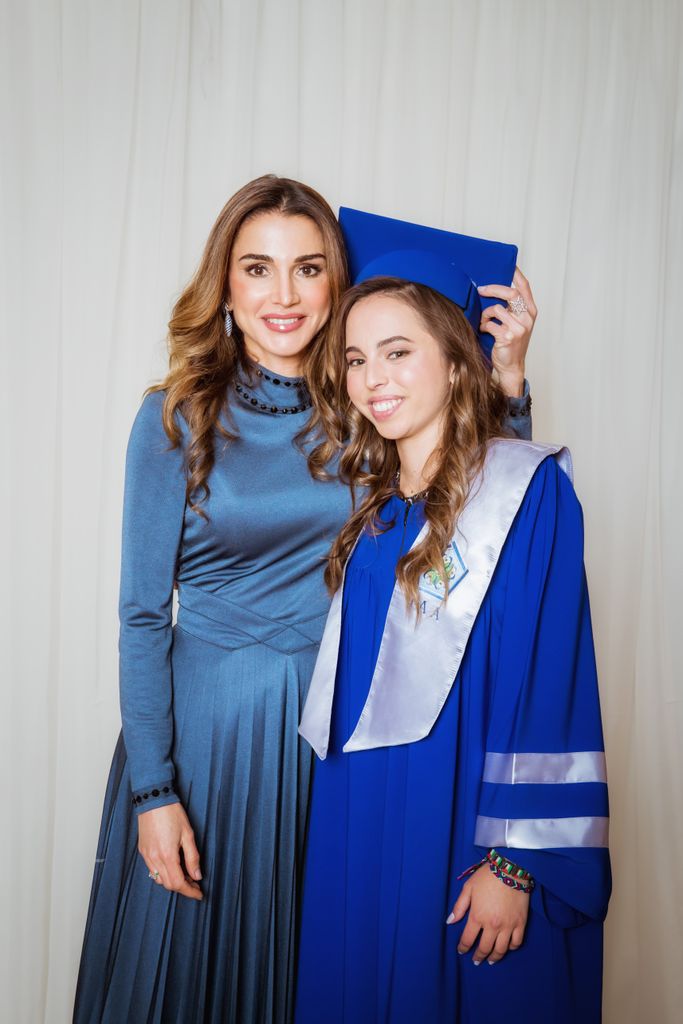 Queen Rania with Princess Salma in a blue graduation gown