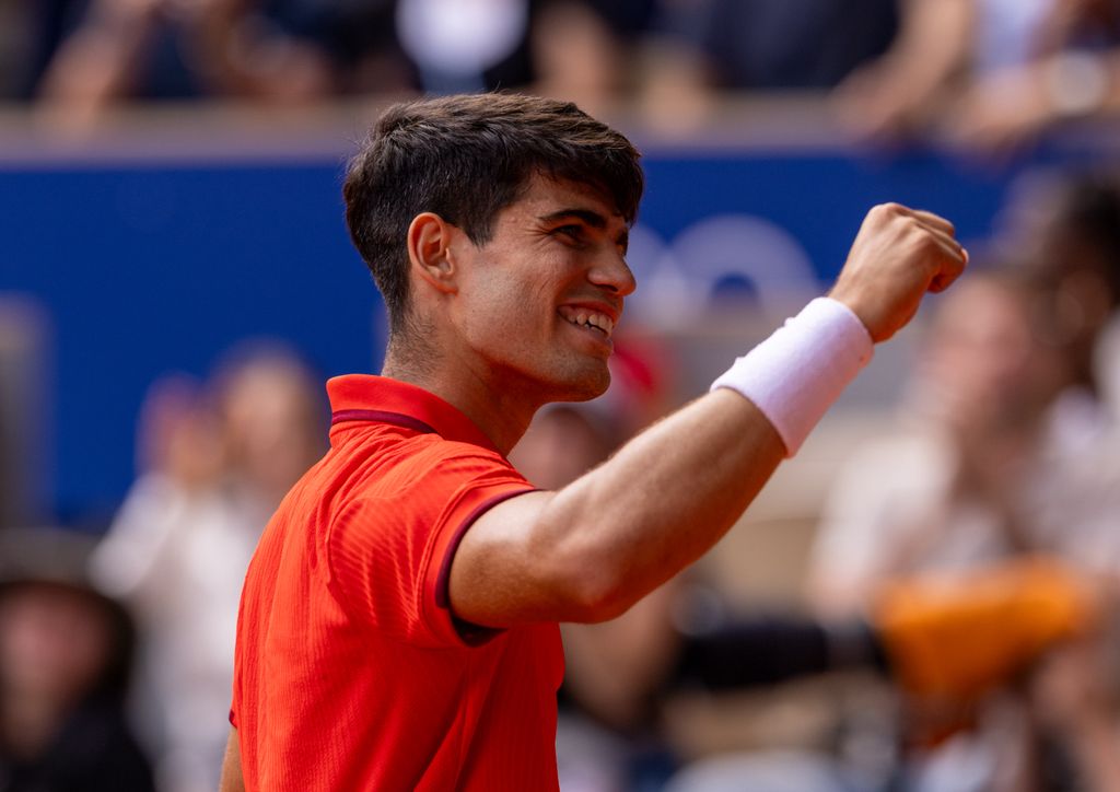 Carlos Alcaraz of Team Spain celebrates during the Men's Singles Gold medal match against Novak Djokovic of Team Serbia on day nine of the Olympic Games Paris 2024