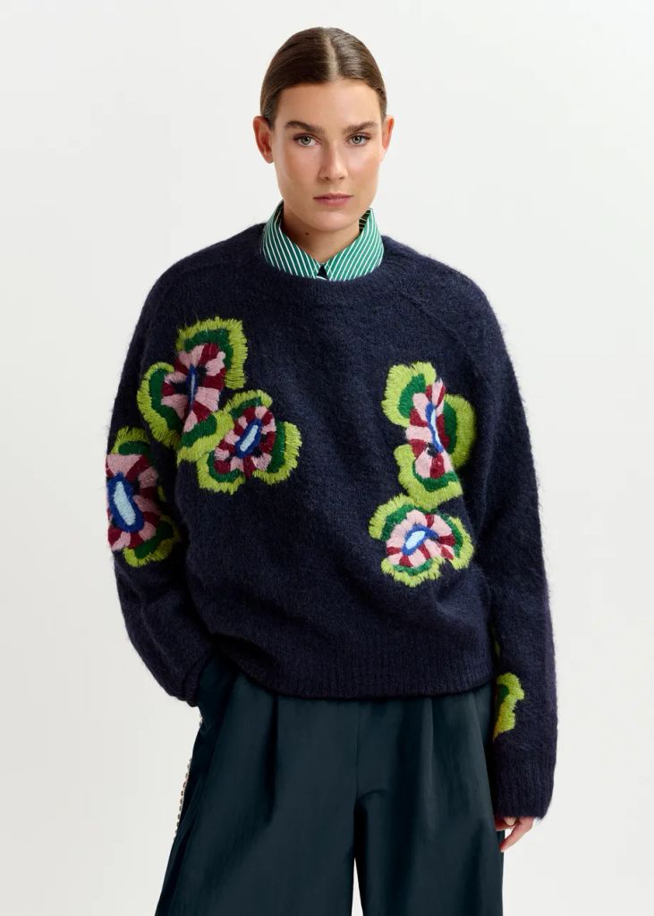 Knit Sweater with Embroidered Flowers