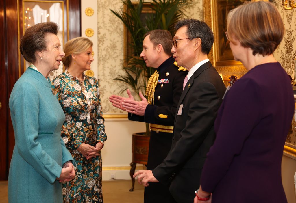 Princess Anne and Duchess Sophie speak with Major General Eldon Millar, Korean Ambassador to the UK, His Excellency Yeocheol Yoon and Director of Remembrance Philippa Rawlinson during a reception for Korean war veterans