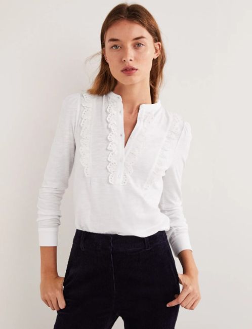 boden model wearing ruffled broderie anglaise blouse