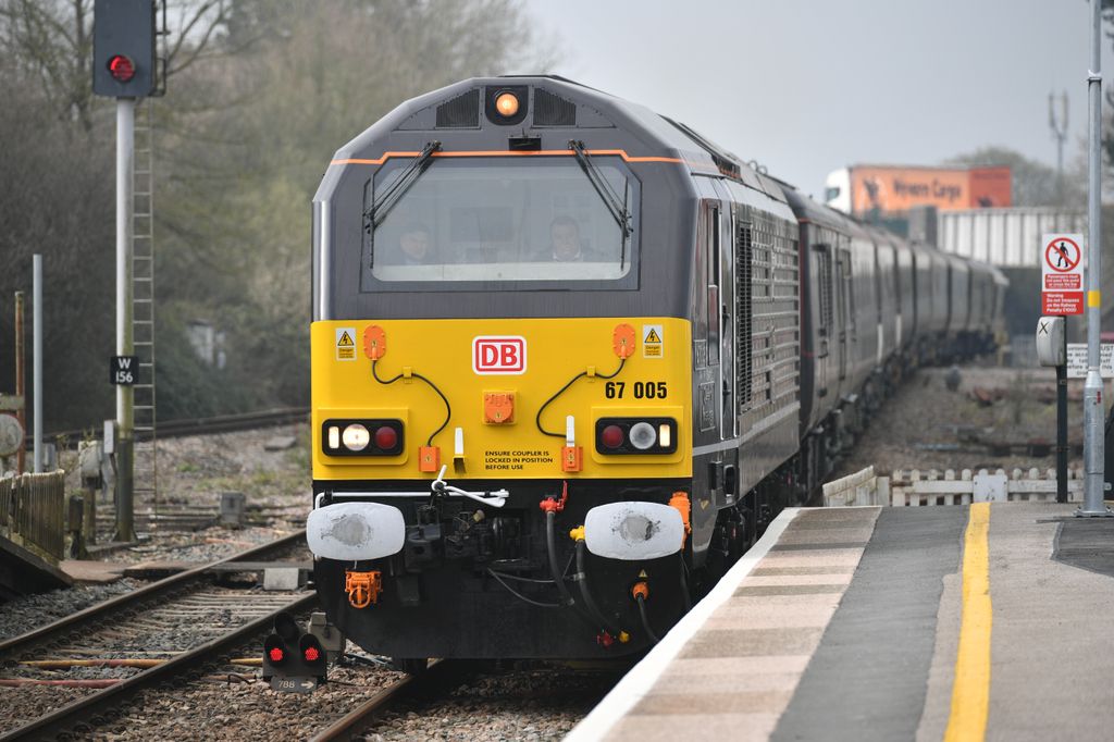 The Royal Train in 2019 carrying Queen Elizabeth II arrives in Castle Cary Station at the start of her visit to Somerset