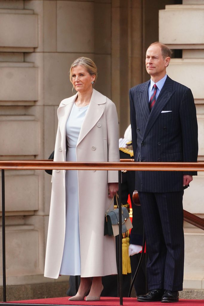 Duchess Sophie of Edinburgh and Prince Edward in suit for Changing of the Guard at Buckingham Palace, London, with France's Gendarmerie's Garde Republicaine 