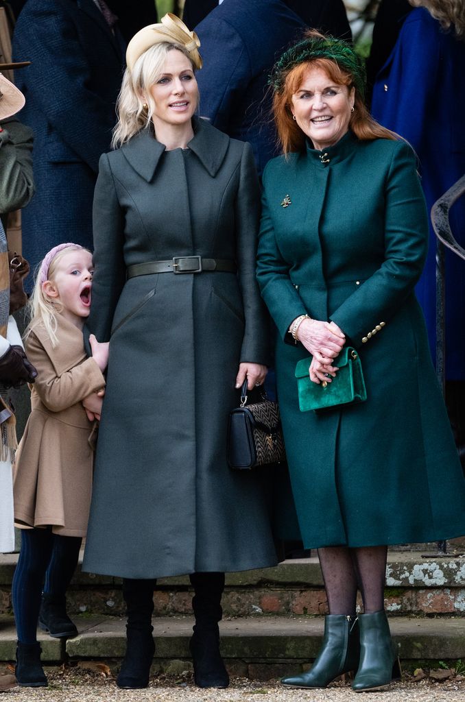 5: Lena Tindall, Zara Tindall and Sarah, Duchess of York attends the Christmas Morning Service at Sandringham Church on December 25, 2023 