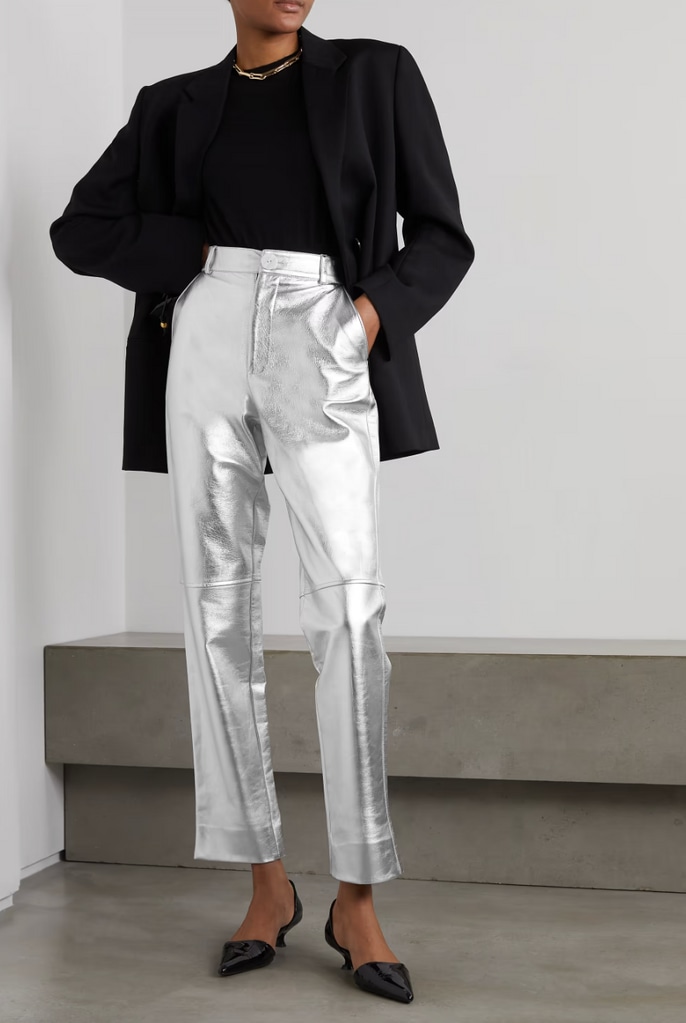 Buy IKI CHIC Blue Metallic Faux Leather High Waist Trousers online