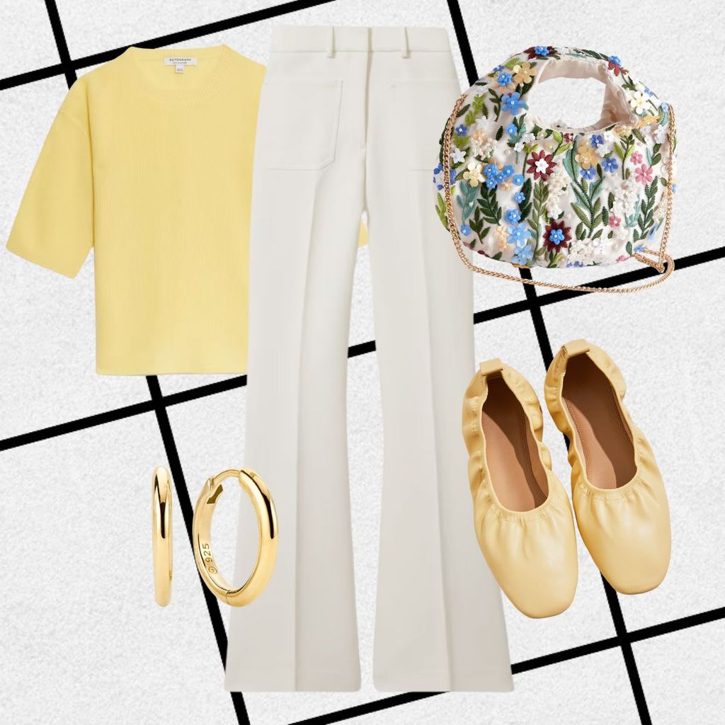 A breezy, buttery yellow knit top pairs with creamy flared trousers. Soft leather ballet flats hug the feet, while a floral beaded handbag adds texture. Simple gold hoop earrings complete this fresh, cheerful, and comfortable Easter morning ensemble.