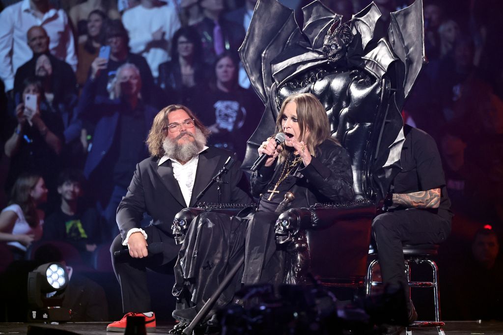 Jack Black and Ozzy Osbourne onstage during the 2024 Rock & Roll Hall Of Fame Induction Ceremony 