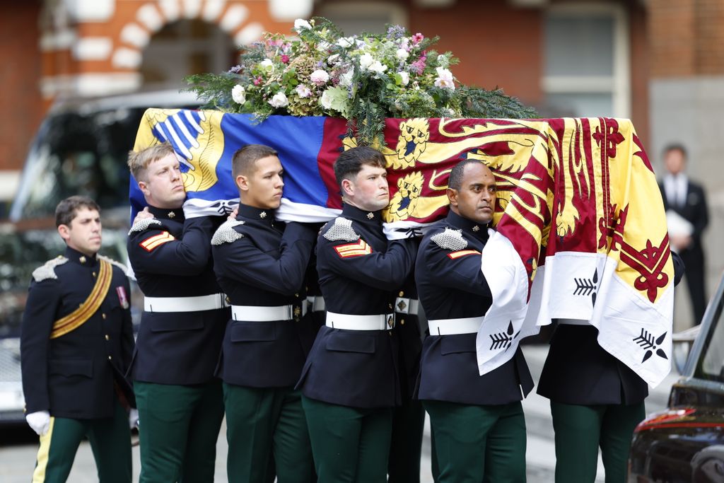 The Duchess of Kent's Coffin, borne by soldiers of The Royal Dragoon Guards of which the duchess was Deputy Colonel-in-Chief, arrives at Westminster Cathedral ahead of her funeral tomorrow.
