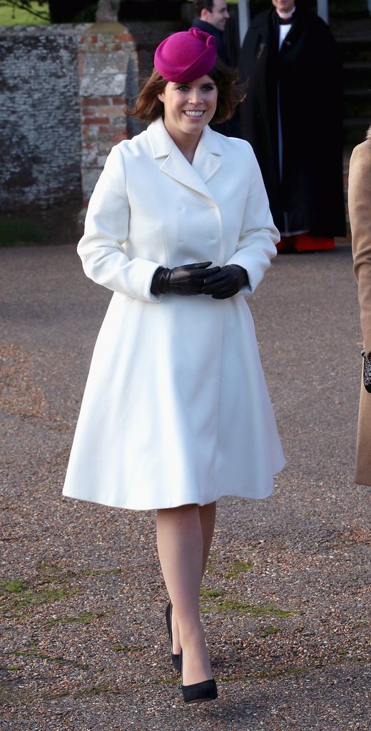 Princess Eugenie of York leaves the Christmas Day Service at Sandringham Church on December 25, 2014 in King's Lynn, England.