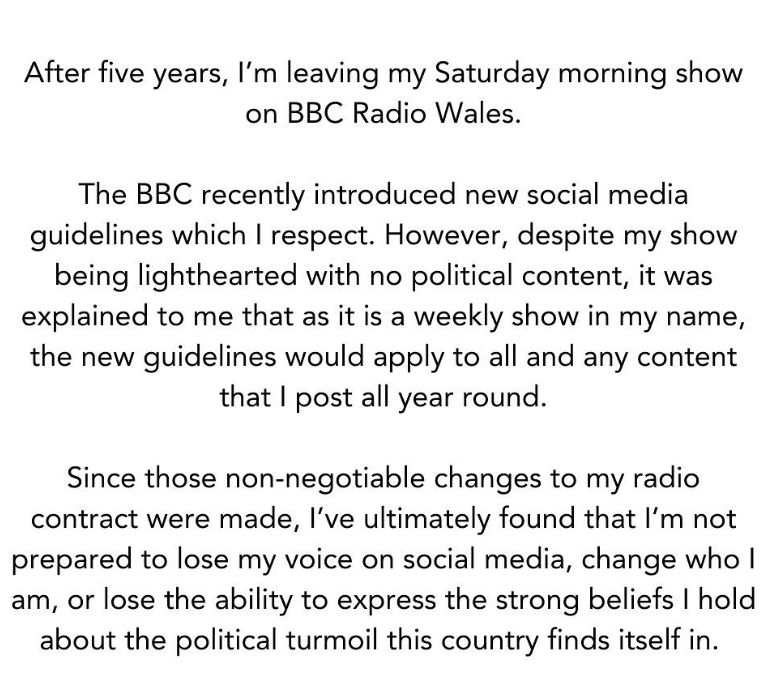 A statement from Carol Vorderman confirming her leaving the BBC