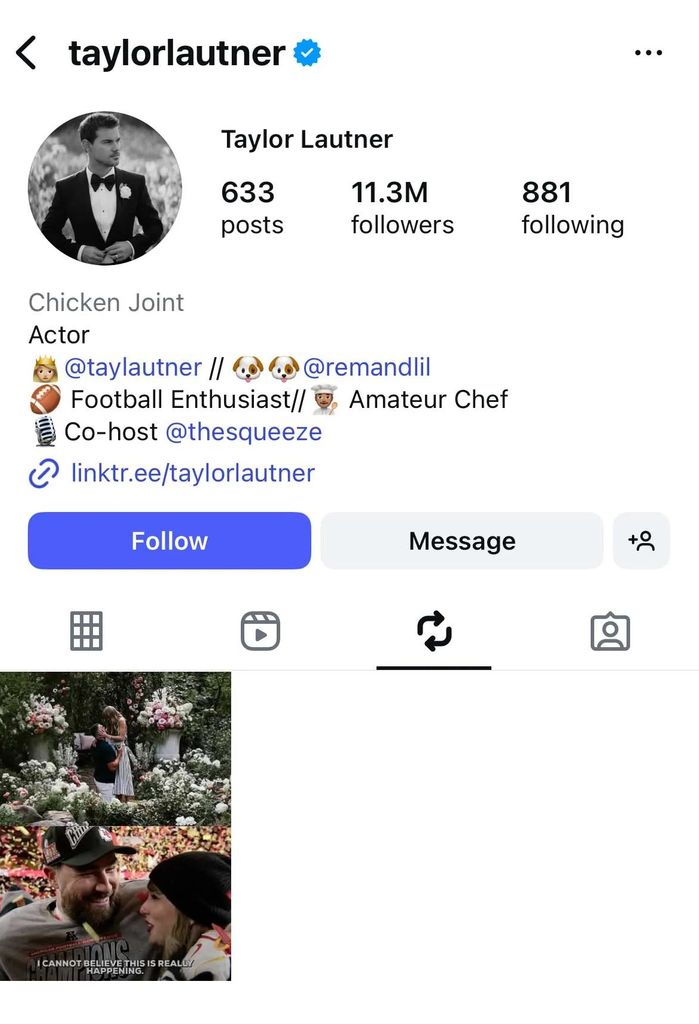 taylor lautner instagram with post from nfl about taylor swift and travis kelce engagement