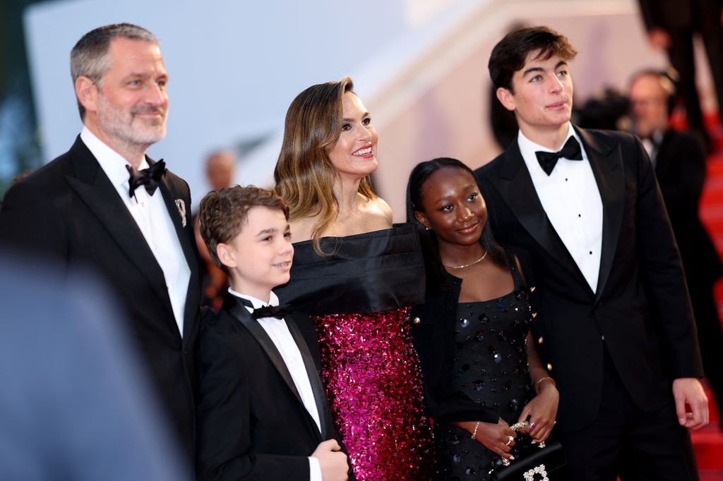 Miklos Friedrich Hermann, Amaya Josephine Hermann, US director Mariska Hargitay, Andrew Nicolas Hermann and Peter Hermann arrive for the screening of the film "My Mom Jayne: a Film by Mariska Hargitay" at the 78th edition of the Cannes Film Festival in Cannes, southern France, on May 17, 2025. (Photo by Sameer Al-Doumy / AFP) (Photo by SAMEER AL-DOUMY/AFP via Getty Images)          
