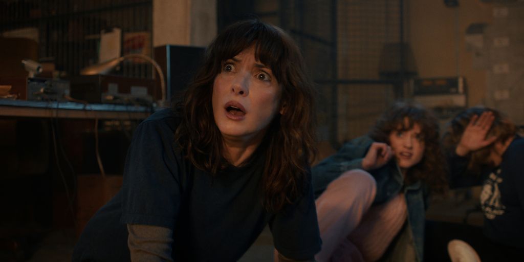 STRANGER THINGS: SEASON 5. (L to R) Winona Ryder as Joyce Byers, Natalia Dyer, and Maya Hawke as Robin Buckley in Stranger Things: Season 5. Cr. COURTESY OF NETFLIX Â© 2025