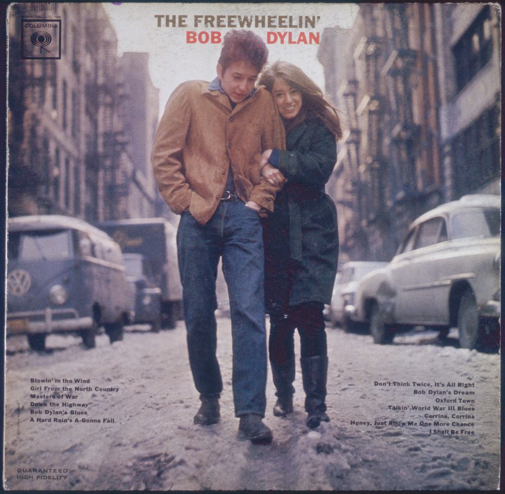 The cover for the Bob Dylan album 'The Freewheelin' Bob Dylan', released by Columbia Records in 1963. The cover features Dylan and his girlfriend Suze Rotolo walking near their apartment in Greenwich Village, New York City.