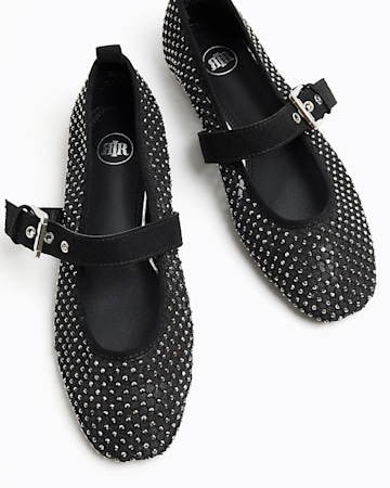 Black Mesh Studded Mary Jane Ballet Pumps