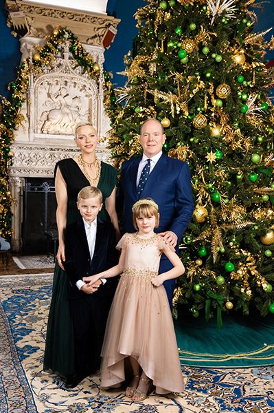 Monaco royal family in formalwear in front of Christmas tree
