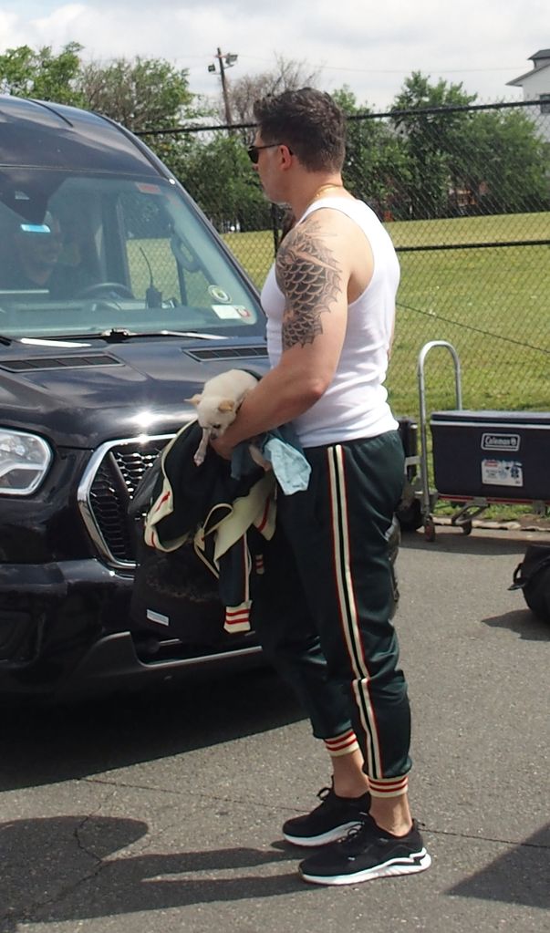 Joe Manganiello on the set of "Nonnas" with his pet chihuahua Bubbles, on June 28, 2023 in Elizabeth, New Jersey