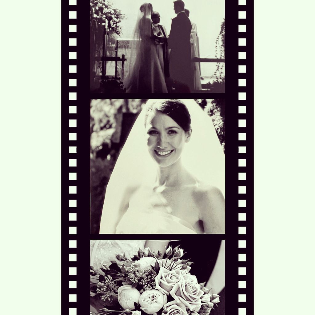three photos from rosie's wedding day in old film format