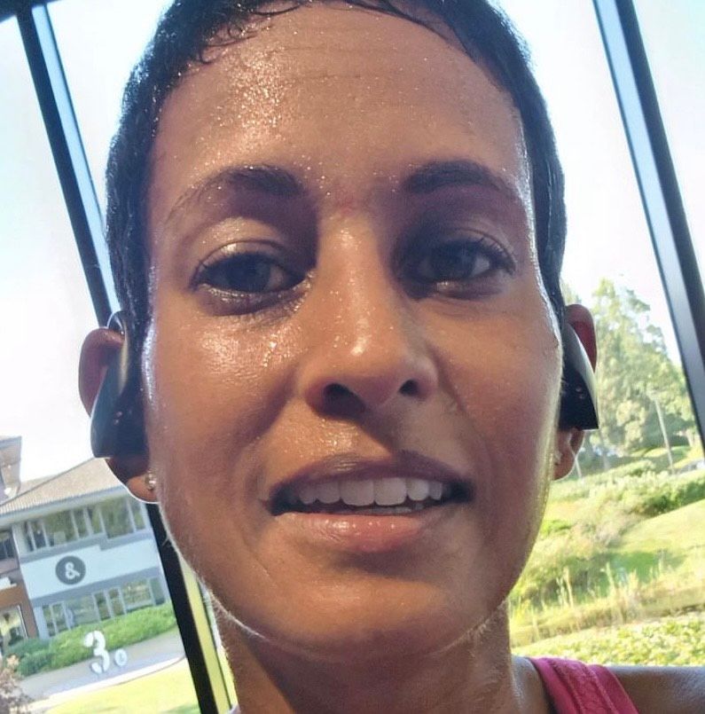 Naga Munchetty smiling in the gym after a workout