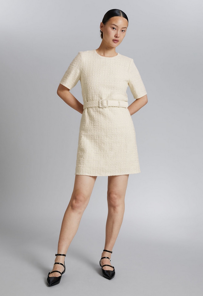 and other stories tweed mini dress with tummy flattering belt