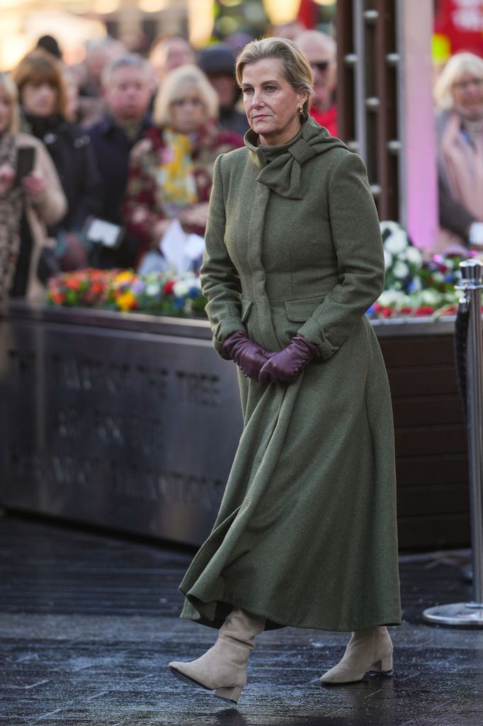 Sophie, Duchess of Edinburgh in khaki long coat