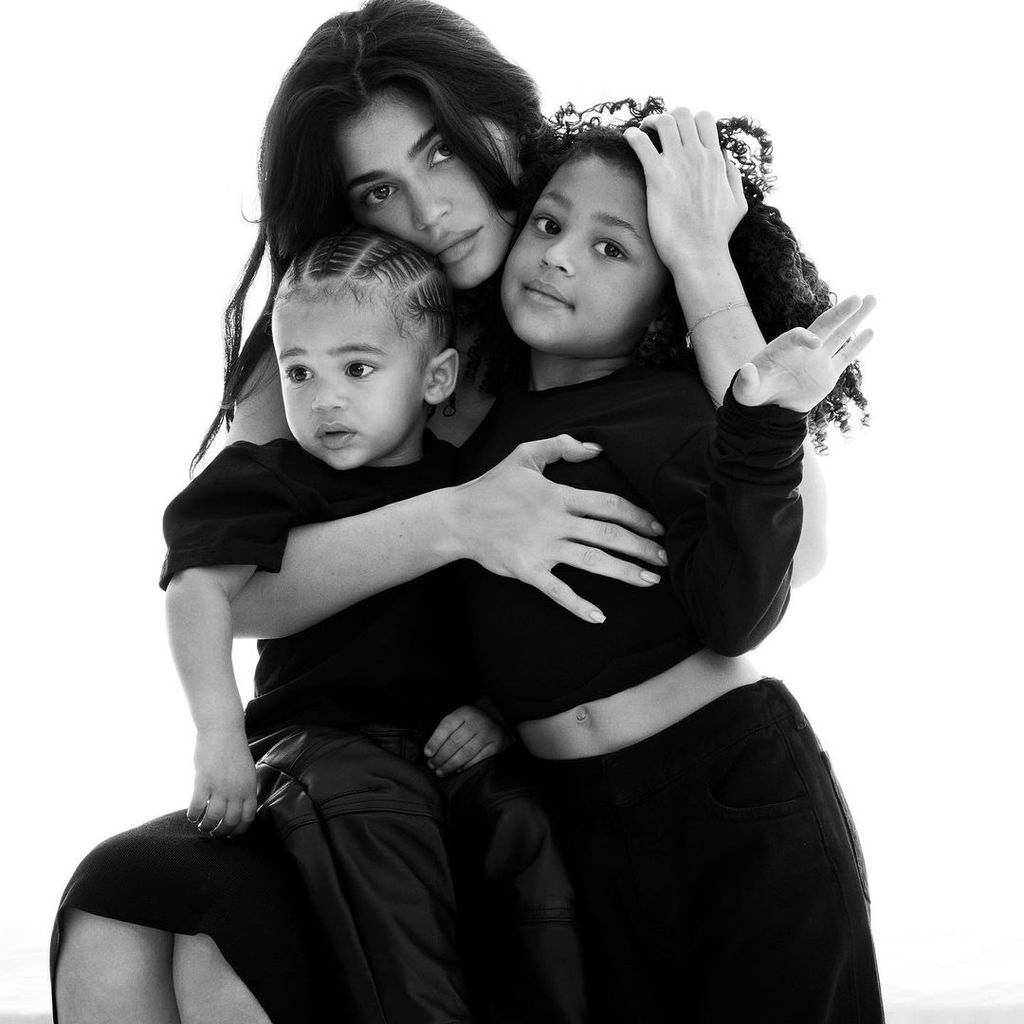 Kylie Jenner posts a black and white image of her and her children Stormi and Aire