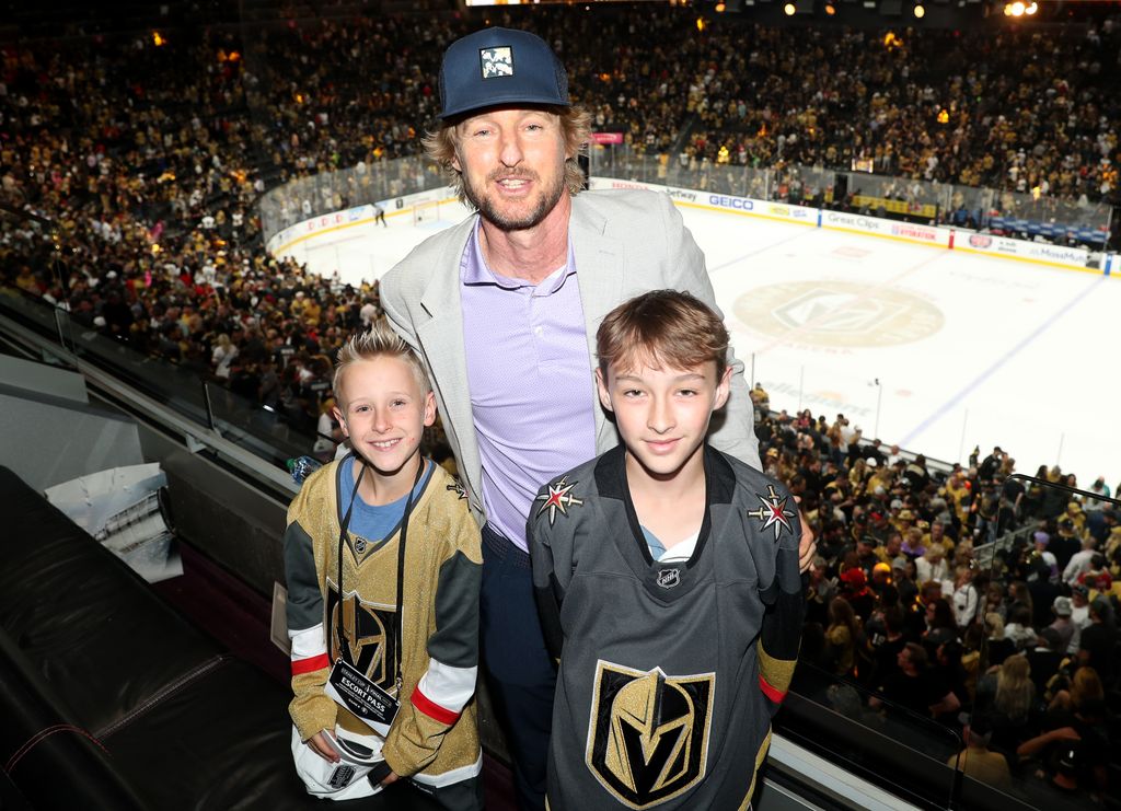 Actor Owen Wilson is seen with his sons, Ford and Finn, in attendance during Game Five of the 2023 NHL Stanley Cup Final between the Vegas Golden Knights and the Florida Panthers at T-Mobile Arena on June 13, 2023 in Las Vegas, Nevada.