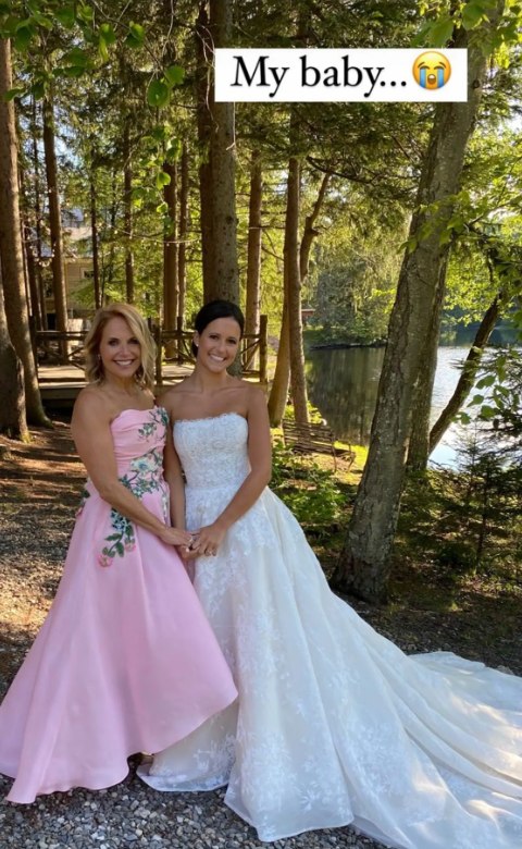 Katie Couric in a pink dress at her daughter's wedding