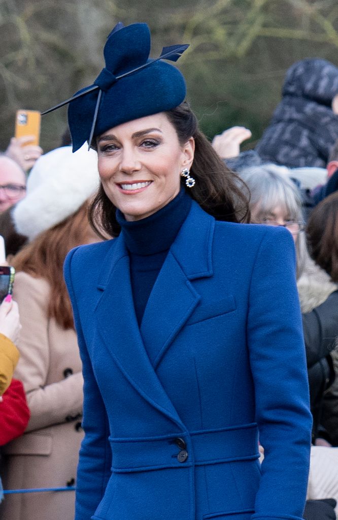 Kate Middleton wearing blue coat on Christmas Day