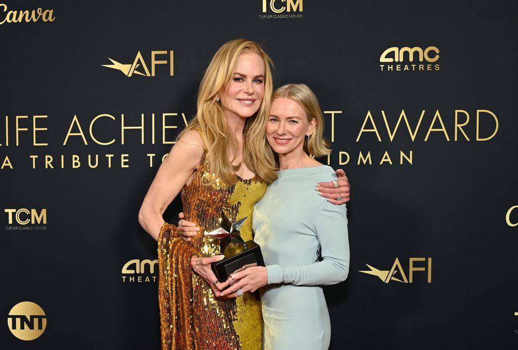 Nicole Kidman in gold dress and Naomi Watts in blue dress at the 49th AFI Life Achievement Award: A Tribute To Nicole Kidman at Dolby Theatre 
